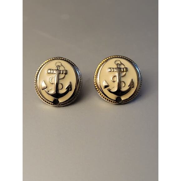 Vintage Round Anchor Cream Enamel Goldtone Pierced Earrings - Picture 3 of 5